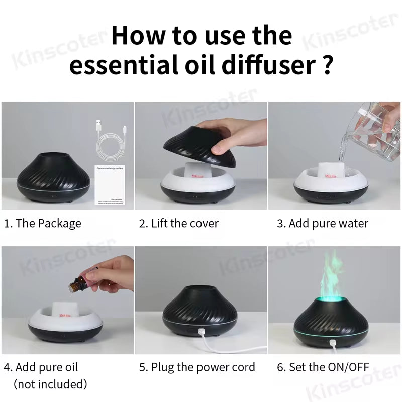 Volcanic Aroma Diffuser and Essential Oil Lamp, 130ml USB Portable Air Humidifier with Color Flame Night Light